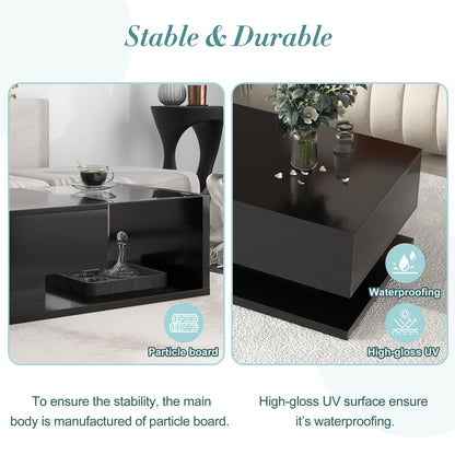 [VIDEO provided] ON-TREND Modern Coffee Table with Tempered Glass, Wooden Cocktail Table with High-gloss UV Surface, Modernist 2-Tier Rectangle Center Table for Living Room, Black image 6