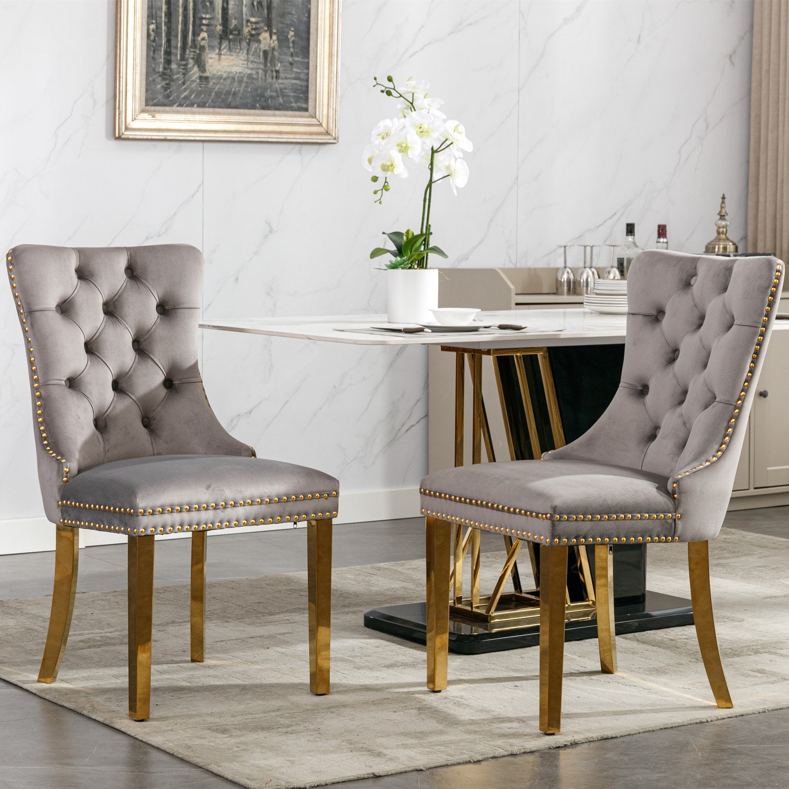 Nikki Collection Modern, High-end Tufted Solid Wood Contemporary Velvet Upholstered Dining Chair with Golden Stainless Steel Plating Legs,Nailhead Trim,Set of 2,Gray and Gold, SW1601GY image 1