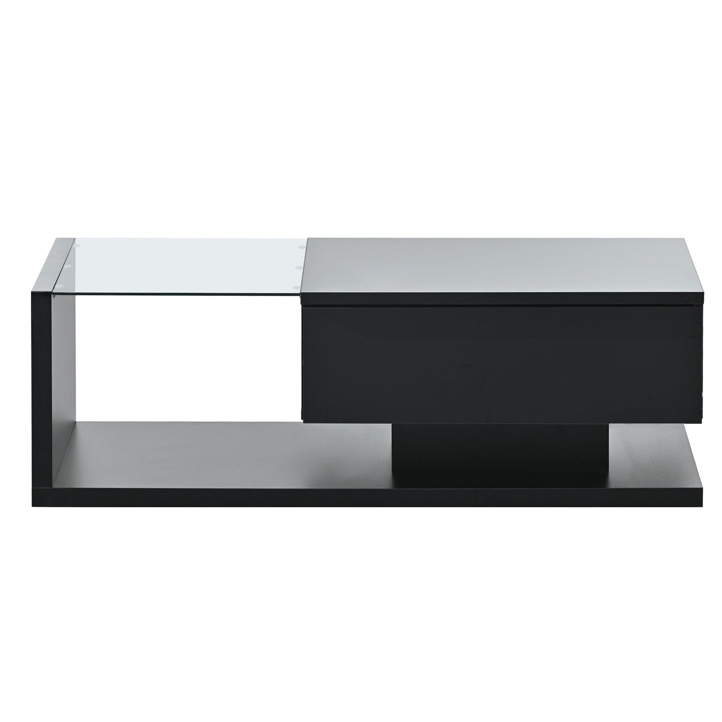 [VIDEO provided] ON-TREND Modern Coffee Table with Tempered Glass, Wooden Cocktail Table with High-gloss UV Surface, Modernist 2-Tier Rectangle Center Table for Living Room, Black image 10