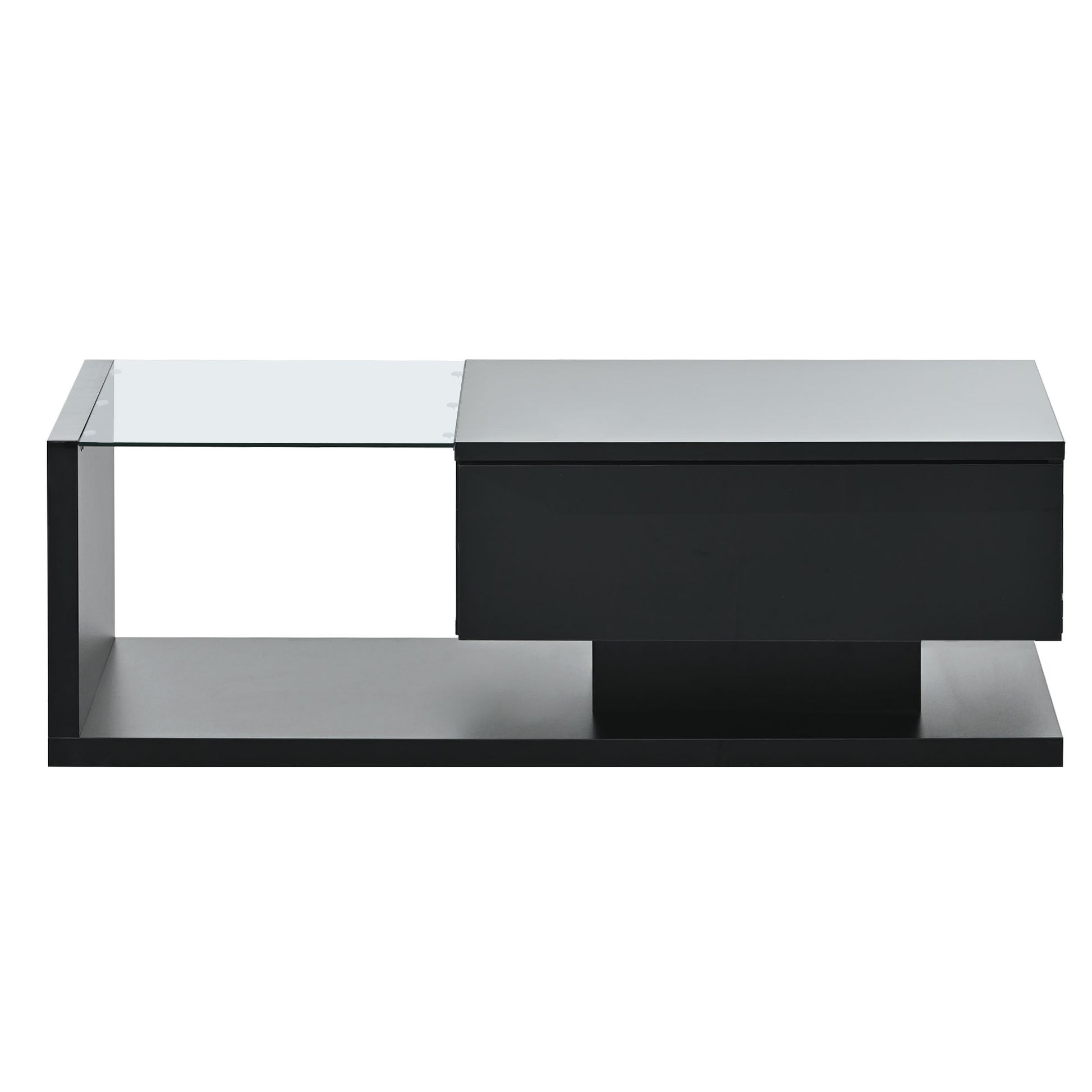 [VIDEO provided] ON-TREND Modern Coffee Table with Tempered Glass, Wooden Cocktail Table with High-gloss UV Surface, Modernist 2-Tier Rectangle Center Table for Living Room, Black image 10