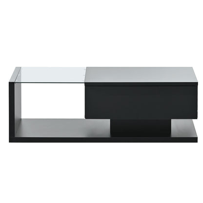 [VIDEO provided] ON-TREND Modern Coffee Table with Tempered Glass, Wooden Cocktail Table with High-gloss UV Surface, Modernist 2-Tier Rectangle Center Table for Living Room, Black image 10