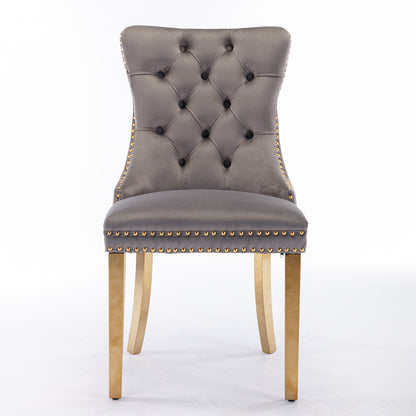 Nikki Collection Modern, High-end Tufted Solid Wood Contemporary Velvet Upholstered Dining Chair with Golden Stainless Steel Plating Legs,Nailhead Trim,Set of 2,Gray and Gold, SW1601GY image 2