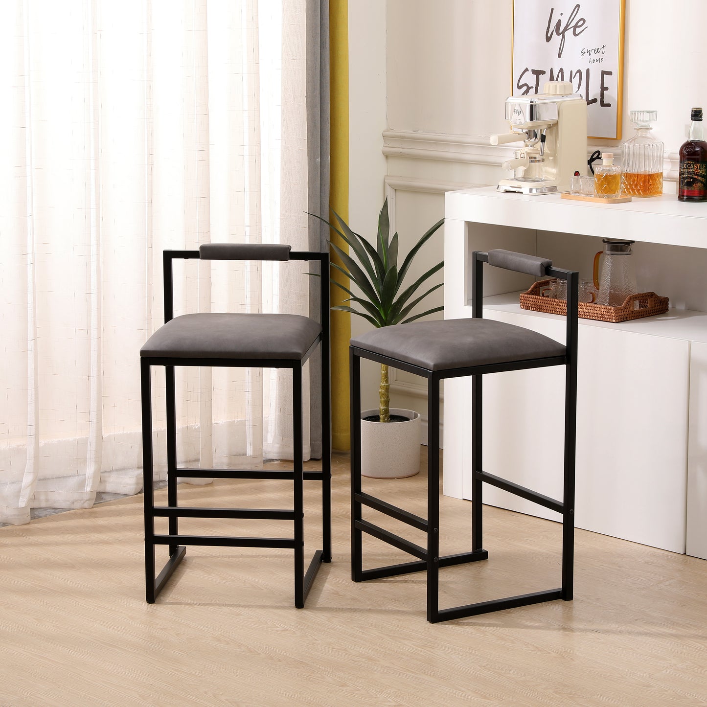 Set of 2 Counter Height Barstools Kitchen Island Stools with Back Modern Armless Metal Legs & PU Gray Upholstered Chairs (Gray with Back) image 6