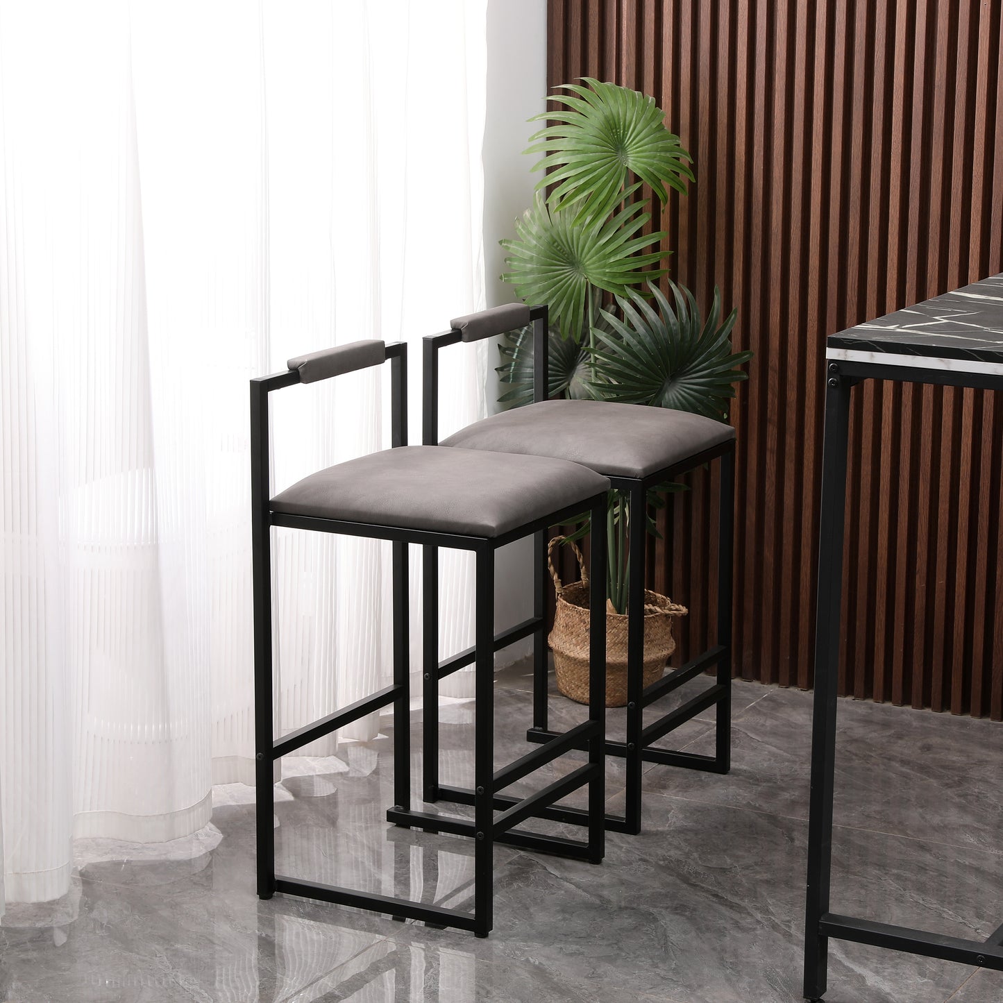 Set of 2 Counter Height Barstools Kitchen Island Stools with Back Modern Armless Metal Legs & PU Gray Upholstered Chairs (Gray with Back) image 2