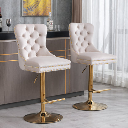 A&A Furniture,Thick Golden Swivel Velvet Barstools Adjusatble Seat Height from 27-35 Inch, Modern Upholstered Bar Stools with Backs Comfortable Tufted for Home Pub and Kitchen Island (Beige,Set of 2) image 1
