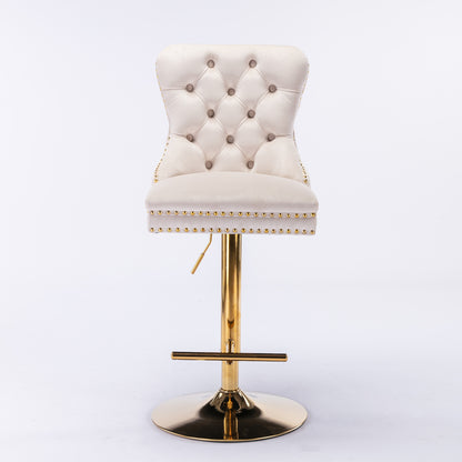 A&A Furniture,Thick Golden Swivel Velvet Barstools Adjusatble Seat Height from 27-35 Inch, Modern Upholstered Bar Stools with Backs Comfortable Tufted for Home Pub and Kitchen Island (Beige,Set of 2) image 2