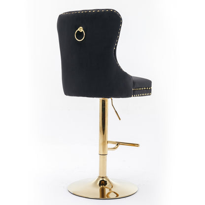 A&A Furniture,Thick Golden Swivel Velvet Barstools Adjusatble Seat Height from 27-35 Inch, Modern Upholstered Bar Stools with Backs Comfortable Tufted for Home Pub and Kitchen Island (Black,Set of 2) image 5