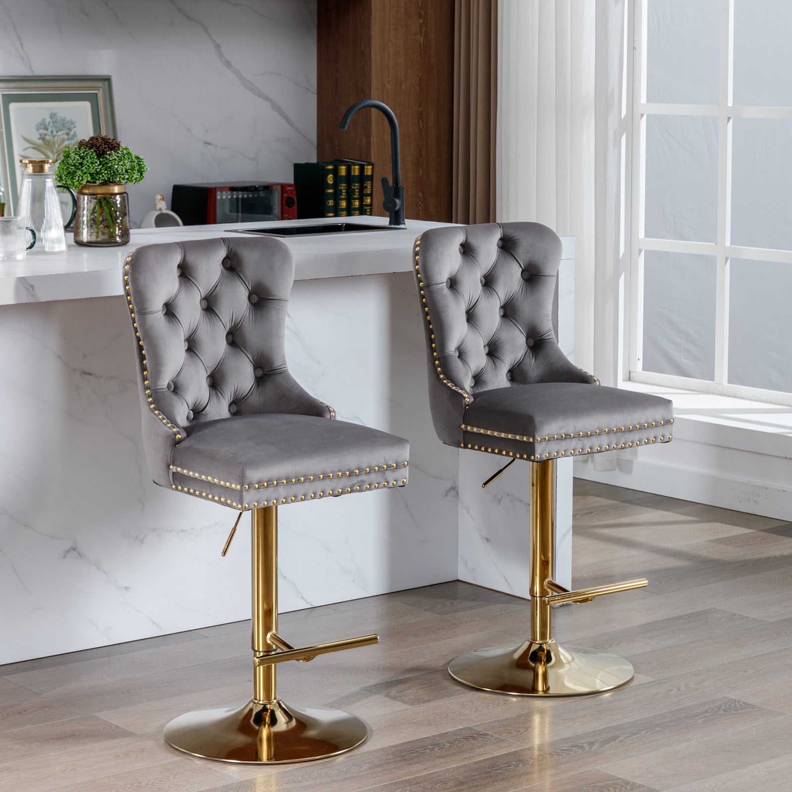 A&A Furniture,Thick Golden Swivel Velvet Barstools Adjusatble Seat Height from 25-33 Inch, Modern Upholstered Bar Stools with Backs Comfortable Tufted for Home Pub and Kitchen Island (Gray,Set of 2) image 1