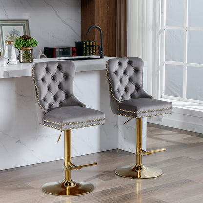 A&A Furniture,Thick Golden Swivel Velvet Barstools Adjusatble Seat Height from 25-33 Inch, Modern Upholstered Bar Stools with Backs Comfortable Tufted for Home Pub and Kitchen Island (Gray,Set of 2) image 1
