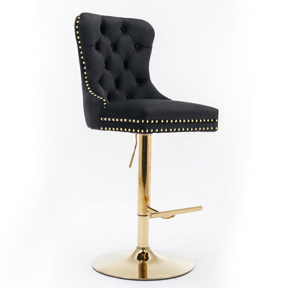 A&A Furniture,Thick Golden Swivel Velvet Barstools Adjusatble Seat Height from 27-35 Inch, Modern Upholstered Bar Stools with Backs Comfortable Tufted for Home Pub and Kitchen Island (Black,Set of 2) image 3