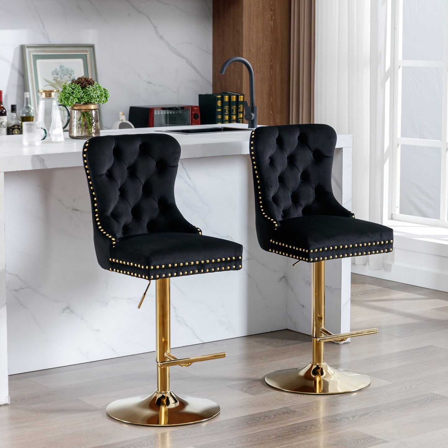 A&A Furniture,Thick Golden Swivel Velvet Barstools Adjusatble Seat Height from 27-35 Inch, Modern Upholstered Bar Stools with Backs Comfortable Tufted for Home Pub and Kitchen Island (Black,Set of 2) image 1