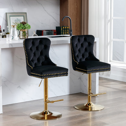 A&A Furniture,Thick Golden Swivel Velvet Barstools Adjusatble Seat Height from 27-35 Inch, Modern Upholstered Bar Stools with Backs Comfortable Tufted for Home Pub and Kitchen Island (Black,Set of 2) image 1