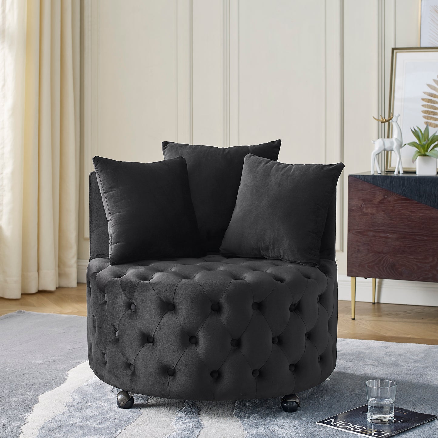 Velvet Upholstered Swivel Chair for Living Room, with Button Tufted Design and Movable Wheels, Including 3 Pillows, Black image 1