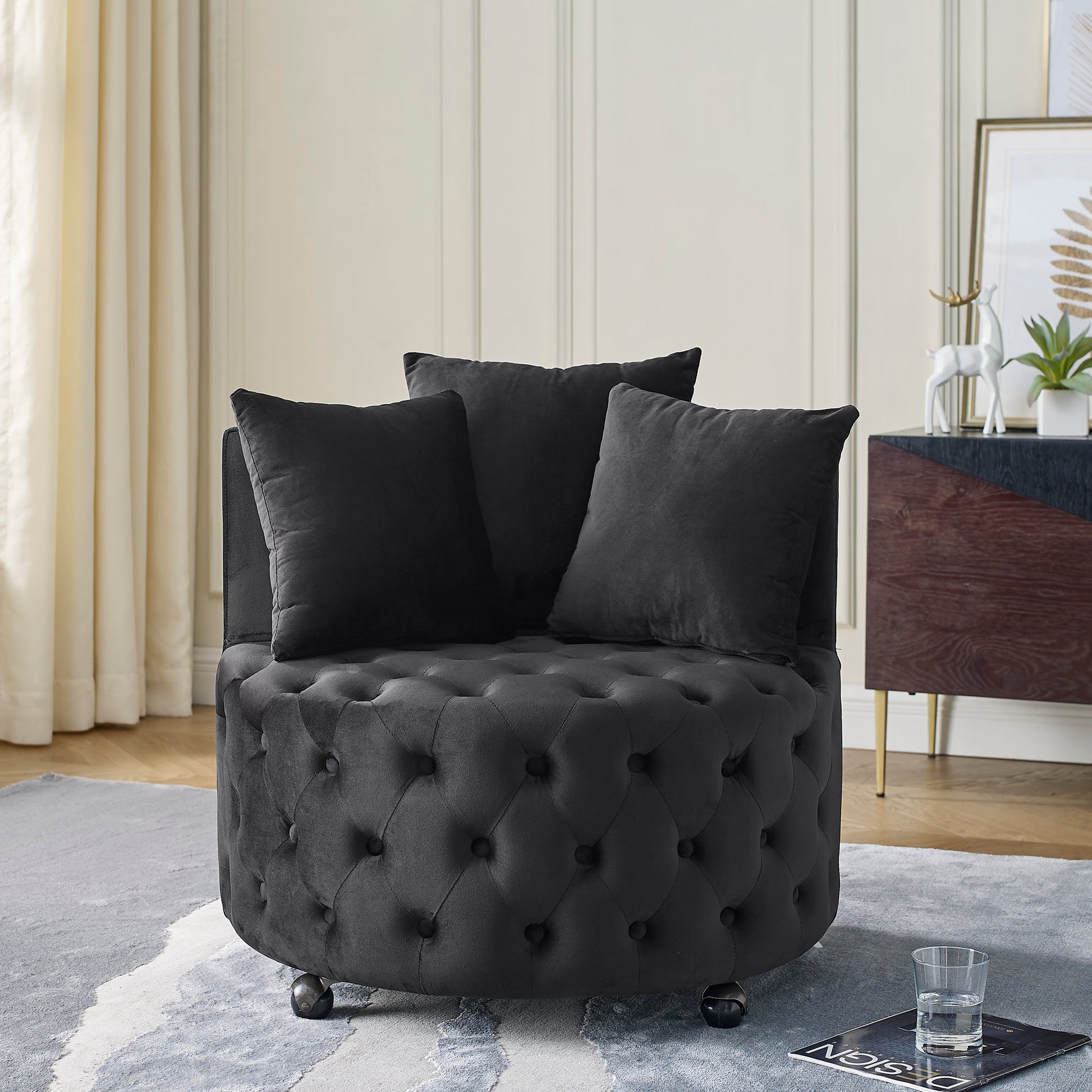 Velvet Upholstered Swivel Chair for Living Room, with Button Tufted Design and Movable Wheels, Including 3 Pillows, Black image 1