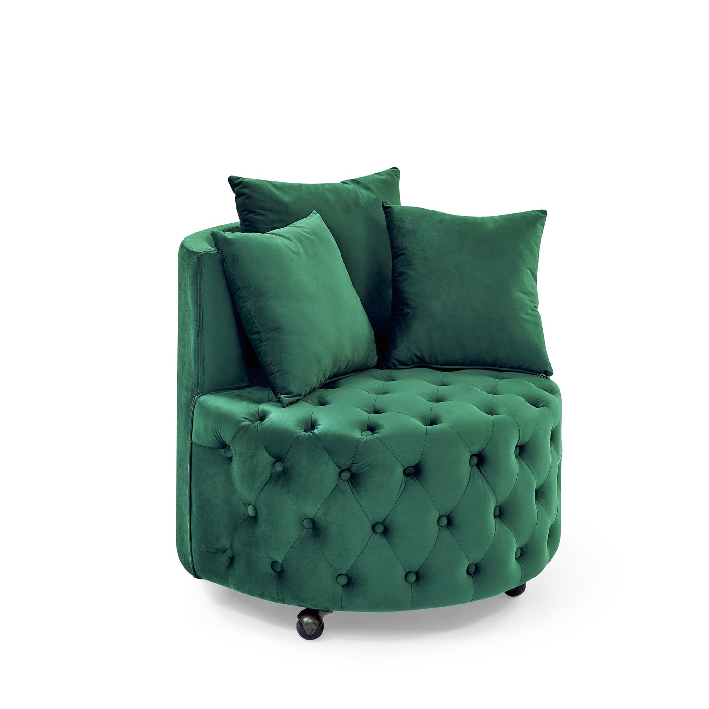Velvet Upholstered Swivel Chair for Living Room, with Button Tufted Design and Movable Wheels, Including 3 Pillows, Green image 6