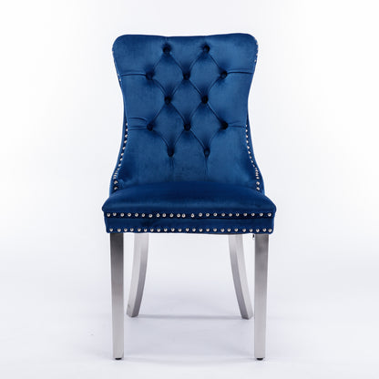 Nikki Collection Modern, High-end Tufted Solid Wood Contemporary Velvet Upholstered Dining Chair with Chrome Stainless Steel Plating Legs,Nailhead Trim,Set of 2,Blue and Chrome, SW1701BL image 2