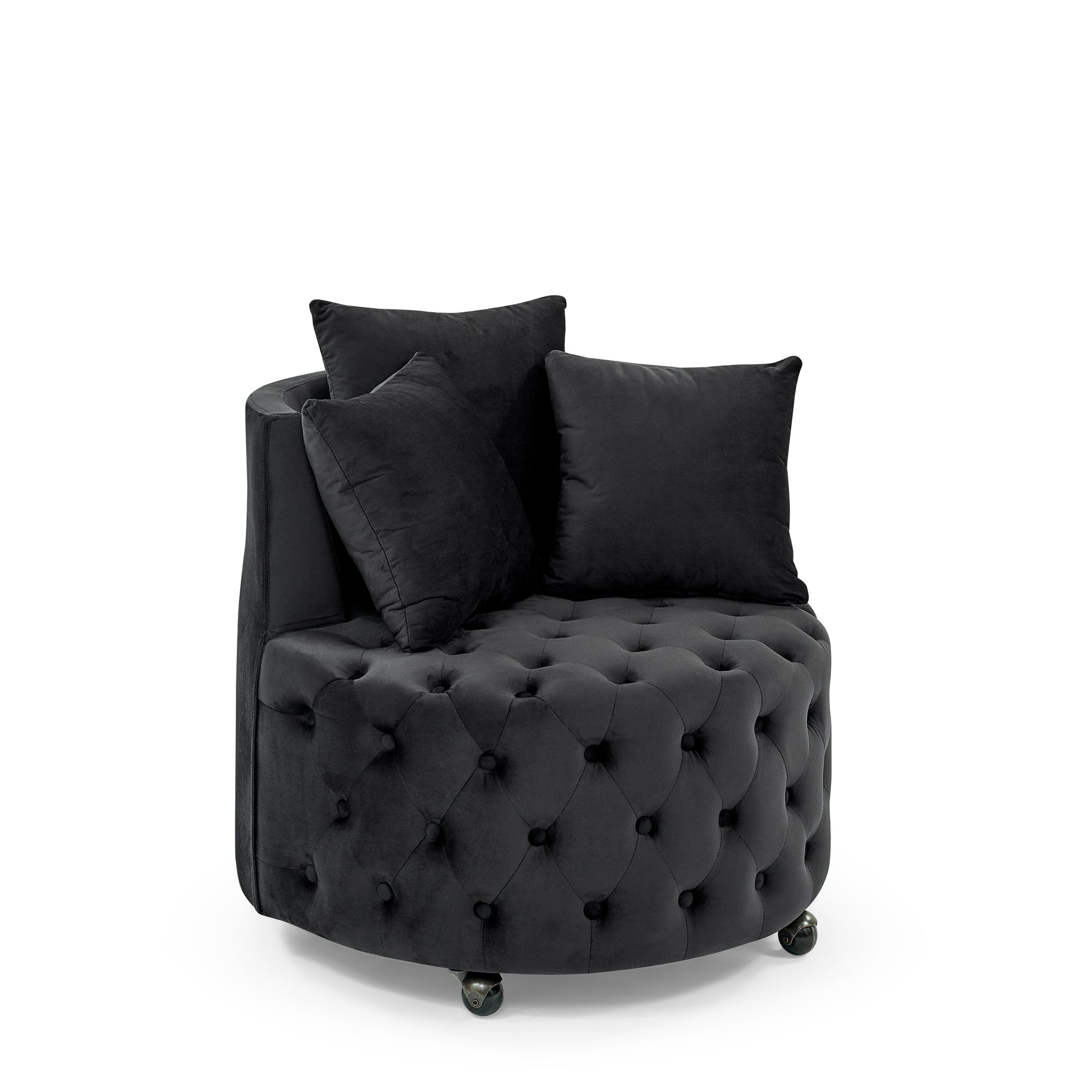 Velvet Upholstered Swivel Chair for Living Room, with Button Tufted Design and Movable Wheels, Including 3 Pillows, Black image 6