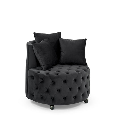Velvet Upholstered Swivel Chair for Living Room, with Button Tufted Design and Movable Wheels, Including 3 Pillows, Black image 6