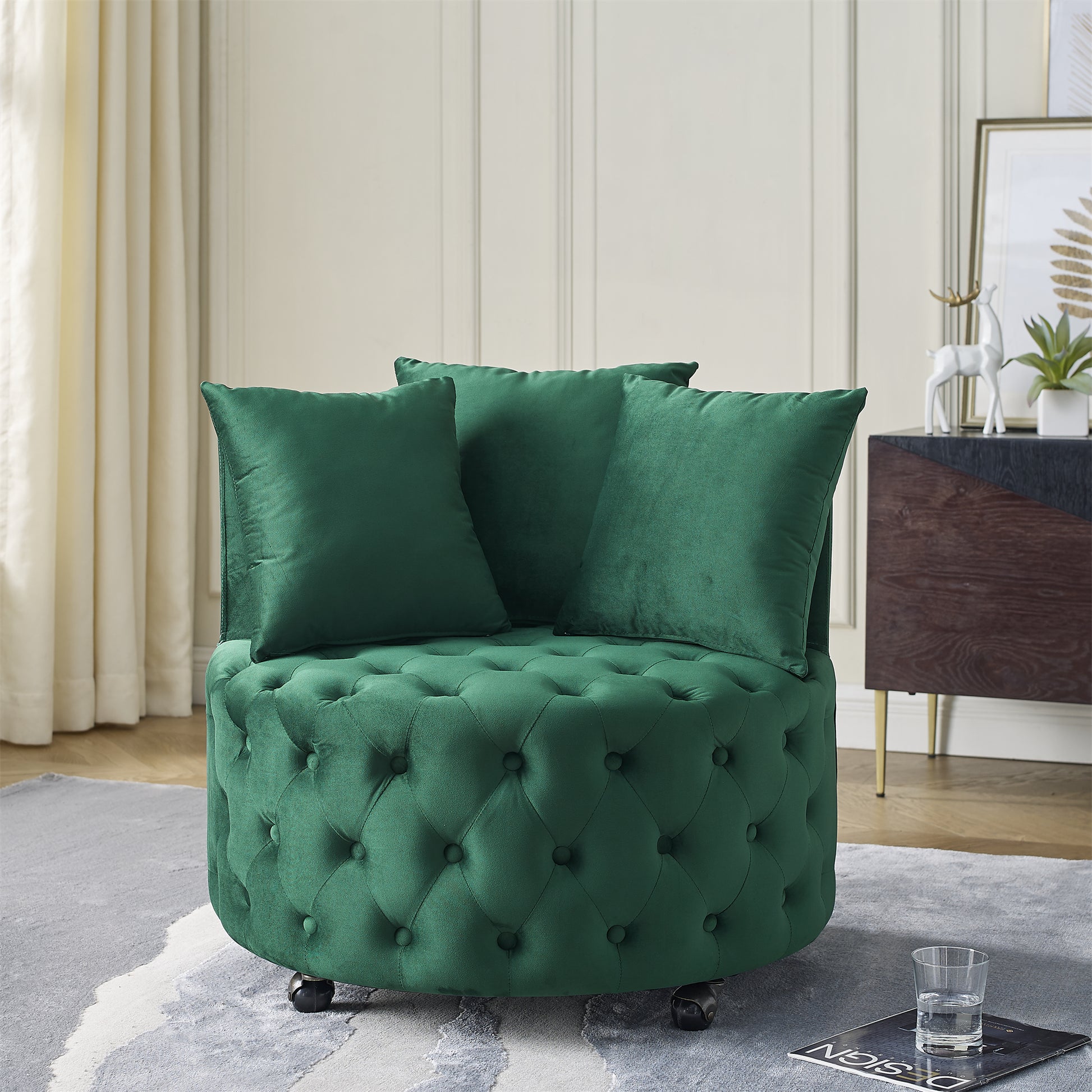 Velvet Upholstered Swivel Chair for Living Room, with Button Tufted Design and Movable Wheels, Including 3 Pillows, Green image 1