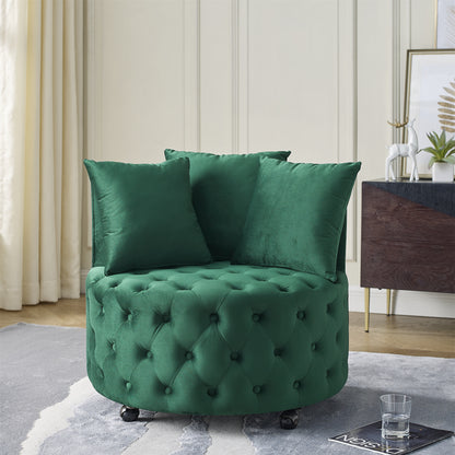 Velvet Upholstered Swivel Chair for Living Room, with Button Tufted Design and Movable Wheels, Including 3 Pillows, Green image 1
