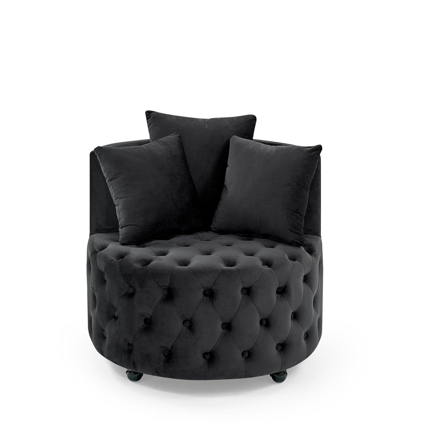 Velvet Upholstered Swivel Chair for Living Room, with Button Tufted Design and Movable Wheels, Including 3 Pillows, Black image 5