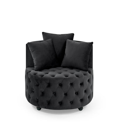 Velvet Upholstered Swivel Chair for Living Room, with Button Tufted Design and Movable Wheels, Including 3 Pillows, Black image 5