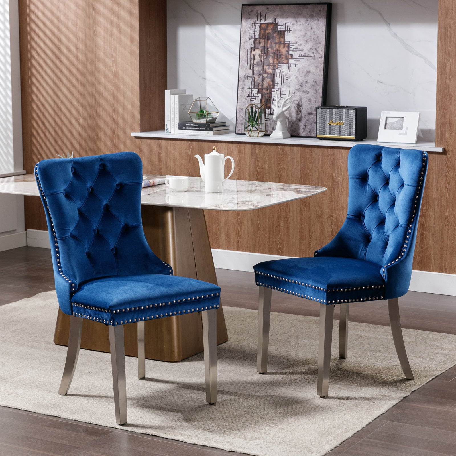 Nikki Collection Modern, High-end Tufted Solid Wood Contemporary Velvet Upholstered Dining Chair with Chrome Stainless Steel Plating Legs,Nailhead Trim,Set of 2,Blue and Chrome, SW1701BL image 1