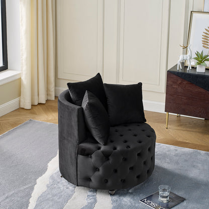 Velvet Upholstered Swivel Chair for Living Room, with Button Tufted Design and Movable Wheels, Including 3 Pillows, Black image 3