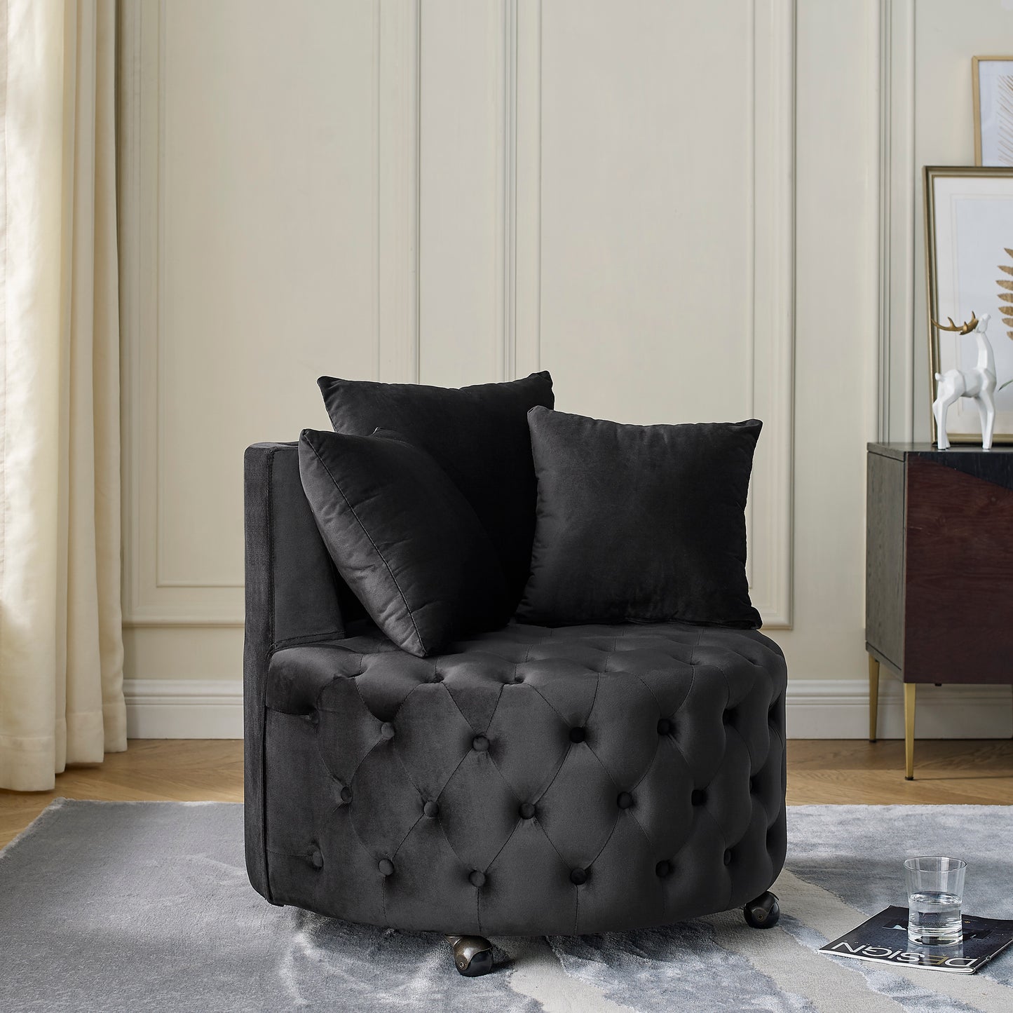 Velvet Upholstered Swivel Chair for Living Room, with Button Tufted Design and Movable Wheels, Including 3 Pillows, Black image 2