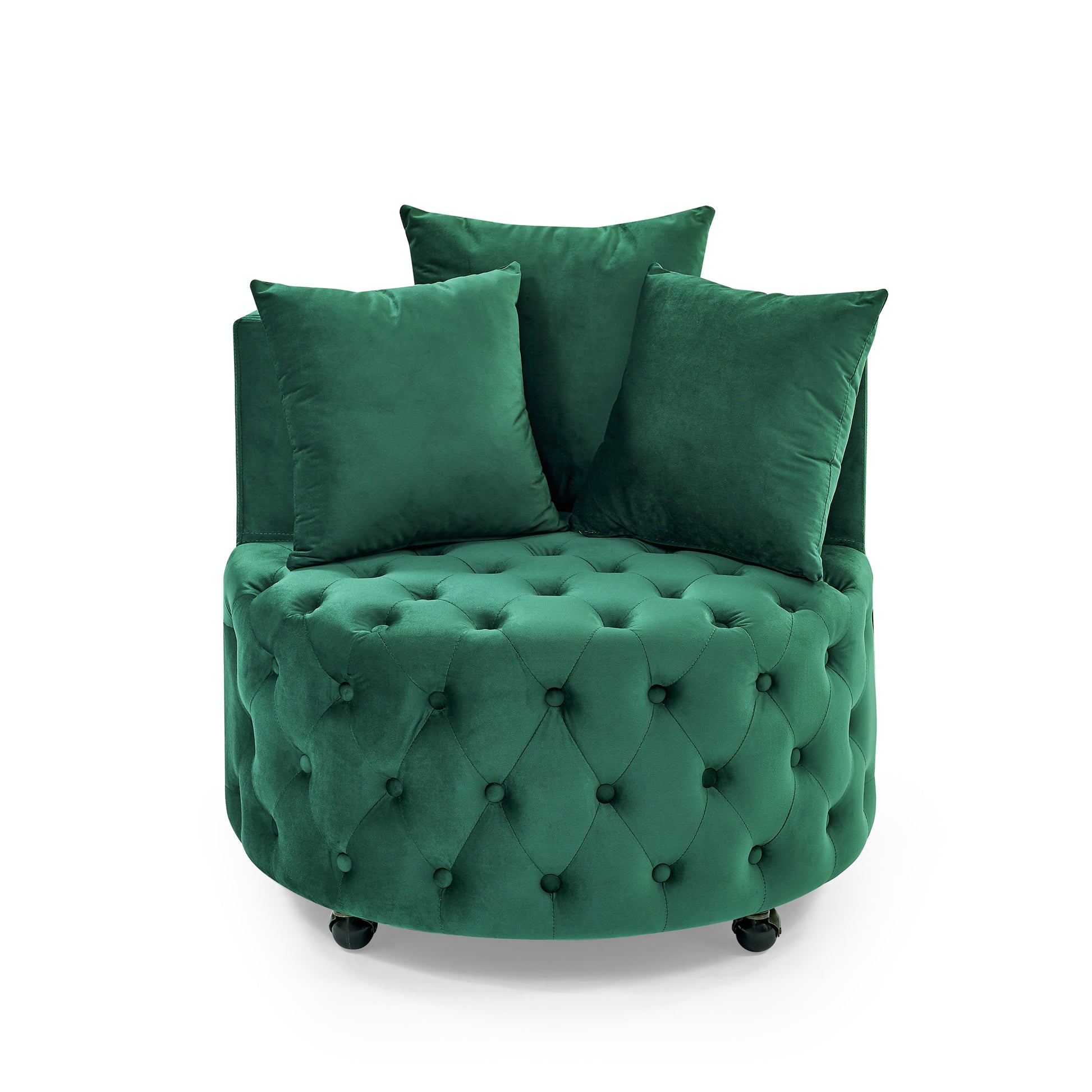 Velvet Upholstered Swivel Chair for Living Room, with Button Tufted Design and Movable Wheels, Including 3 Pillows, Green image 5