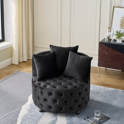 Velvet Upholstered Swivel Chair for Living Room, with Button Tufted Design and Movable Wheels, Including 3 Pillows, Black image 4
