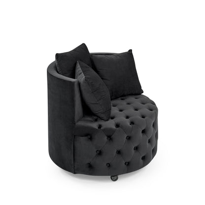 Velvet Upholstered Swivel Chair for Living Room, with Button Tufted Design and Movable Wheels, Including 3 Pillows, Black image 7
