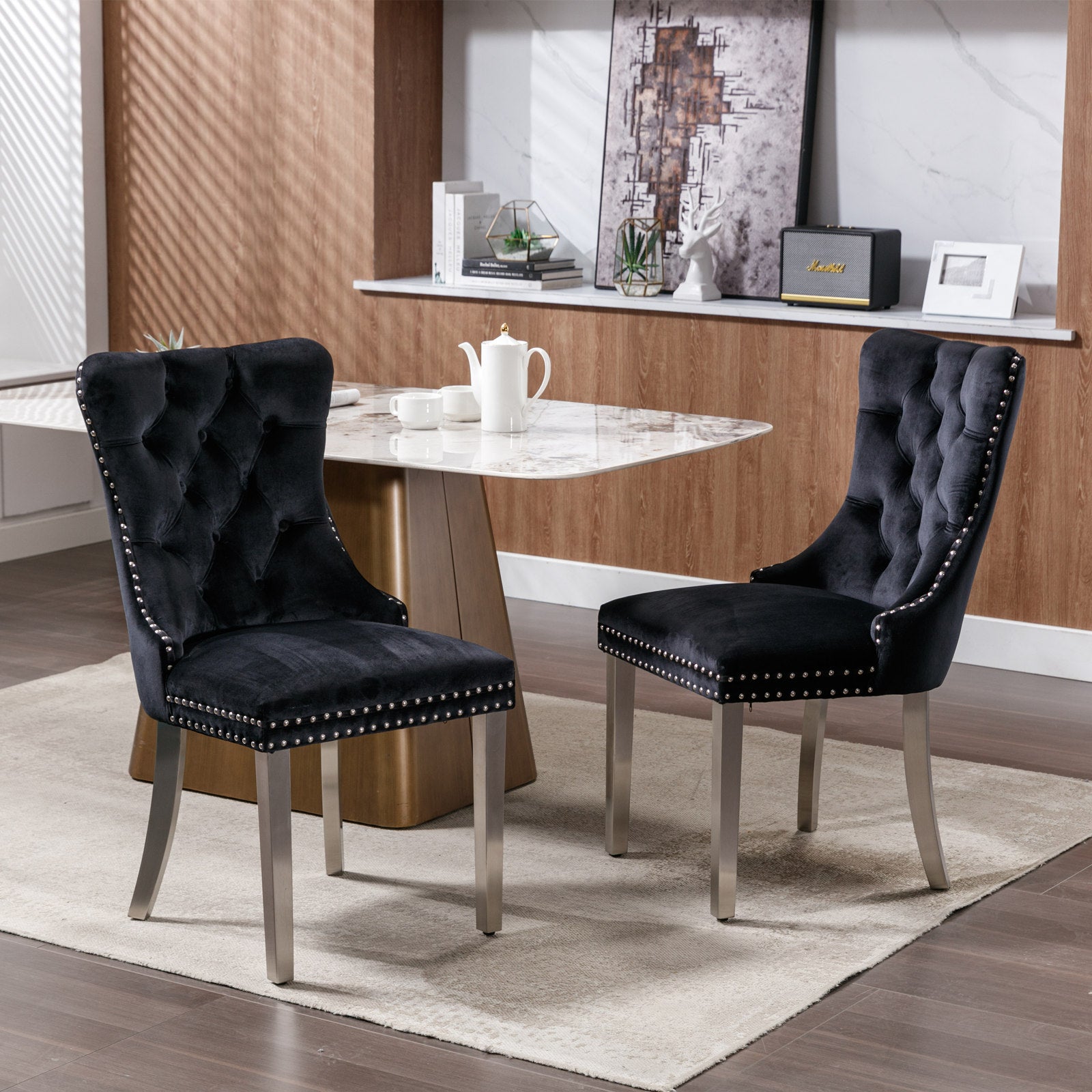 Nikki Collection Modern, High-end Tufted Solid Wood Contemporary Velvet Upholstered Dining Chair with Chrome Stainless Steel Plating Legs,Nailhead Trim,Set of 2,Black and Chrome, SW1701BK image 1