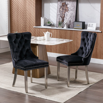 Nikki Collection Modern, High-end Tufted Solid Wood Contemporary Velvet Upholstered Dining Chair with Chrome Stainless Steel Plating Legs,Nailhead Trim,Set of 2,Black and Chrome, SW1701BK image 1