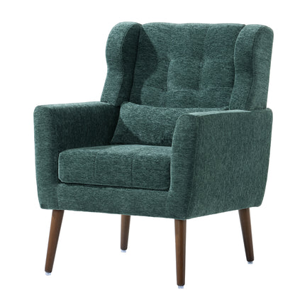 Modern Accent Chair,Chenille Arm Chairs for Living Room,Upholstered Mordern Armchair,Comfy Soft Padded Lounge Chair in Small Space, Bedroom, w/Pillow, Solid Wood Leg (Blackish Green) image 2