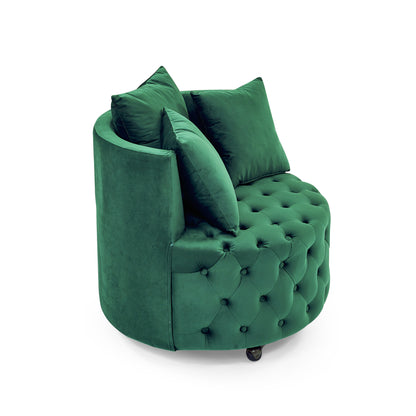 Velvet Upholstered Swivel Chair for Living Room, with Button Tufted Design and Movable Wheels, Including 3 Pillows, Green image 7