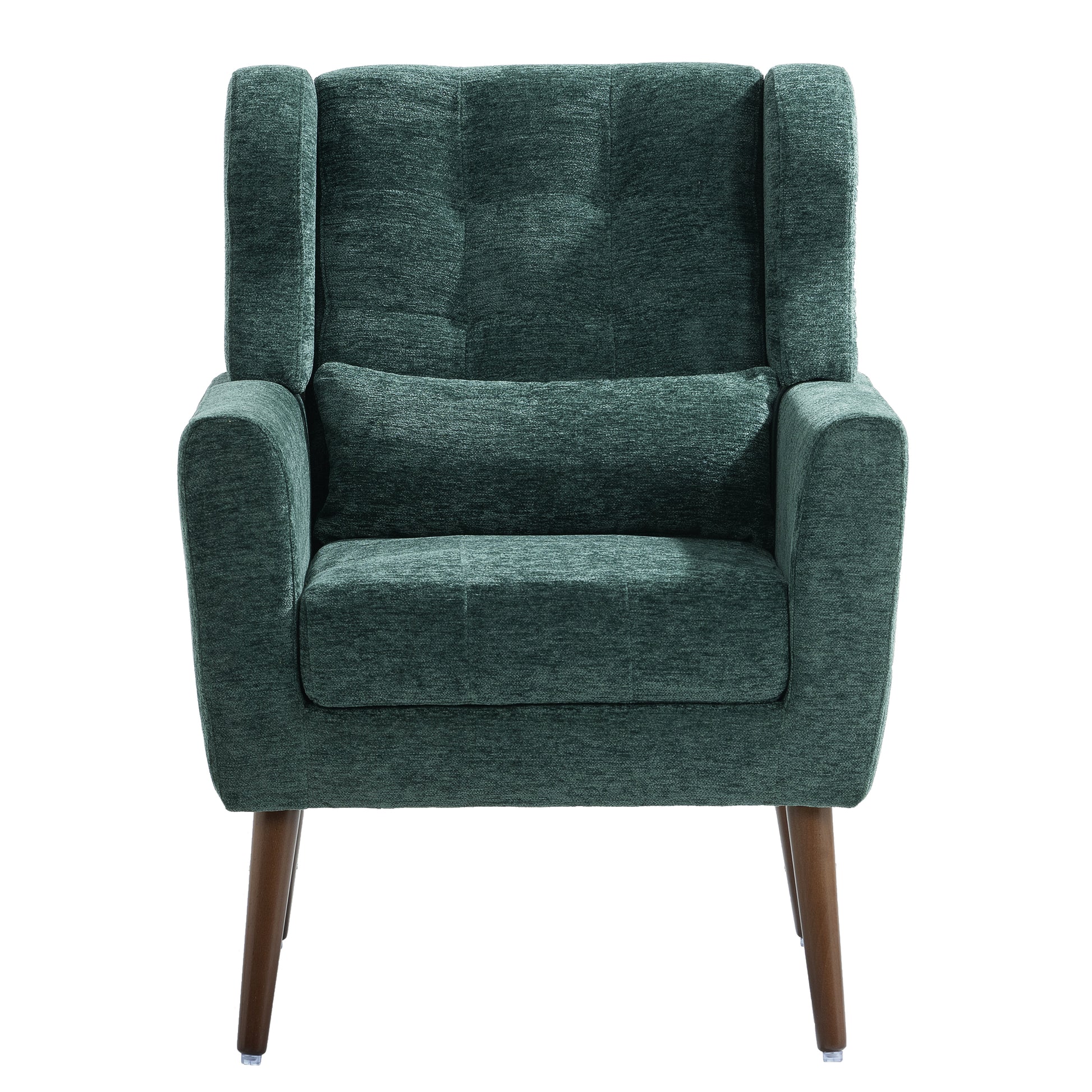 Modern Accent Chair,Chenille Arm Chairs for Living Room,Upholstered Mordern Armchair,Comfy Soft Padded Lounge Chair in Small Space, Bedroom, w/Pillow, Solid Wood Leg (Blackish Green) image 8