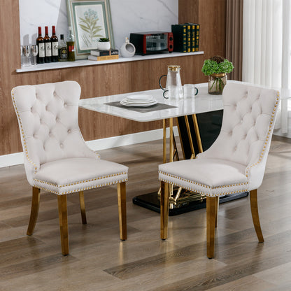 A&A Furniture,Nikki Collection Modern, High-end Tufted Solid Wood Contemporary Velvet Upholstered Dining Chair with Golden Stainless Steel Plating Legs,Nailhead Trim,Set of 2,Beige and Gold, SW1601BG image 1