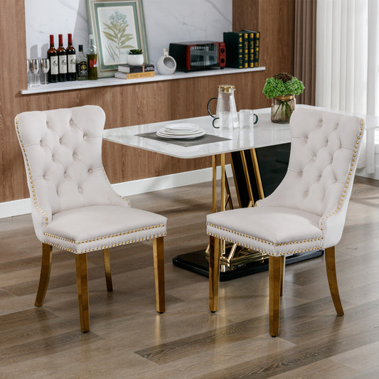 A&A Furniture,Nikki Collection Modern, High-end Tufted Solid Wood Contemporary Velvet Upholstered Dining Chair with Golden Stainless Steel Plating Legs,Nailhead Trim,Set of 2,Beige and Gold, SW1601BG image 1