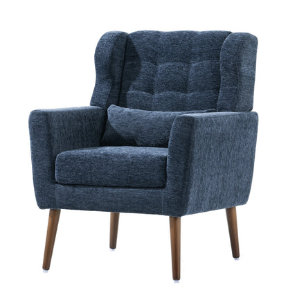 Modern Accent Chair,Chenille Arm Chairs for Living Room,Upholstered Mordern Armchair,Comfy Soft Padded Lounge Chair in Small Space, Bedroom, w/Pillow, Solid Wood Leg (Dark Blue) image 2