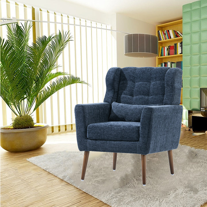 Modern Accent Chair,Chenille Arm Chairs for Living Room,Upholstered Mordern Armchair,Comfy Soft Padded Lounge Chair in Small Space, Bedroom, w/Pillow, Solid Wood Leg (Dark Blue) image 3