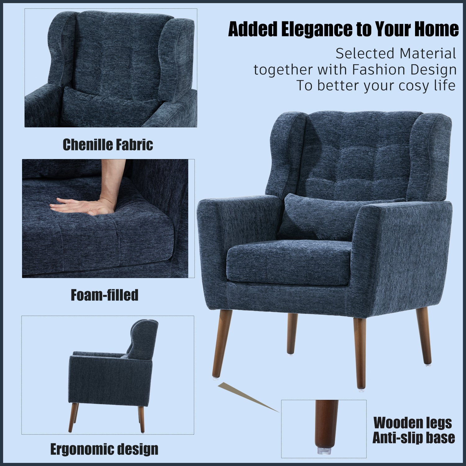 Modern Accent Chair,Chenille Arm Chairs for Living Room,Upholstered Mordern Armchair,Comfy Soft Padded Lounge Chair in Small Space, Bedroom, w/Pillow, Solid Wood Leg (Dark Blue) image 5