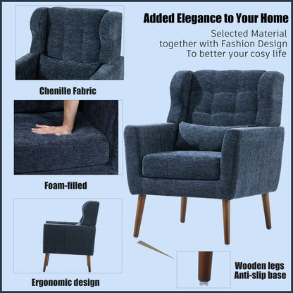 Modern Accent Chair,Chenille Arm Chairs for Living Room,Upholstered Mordern Armchair,Comfy Soft Padded Lounge Chair in Small Space, Bedroom, w/Pillow, Solid Wood Leg (Dark Blue) image 5