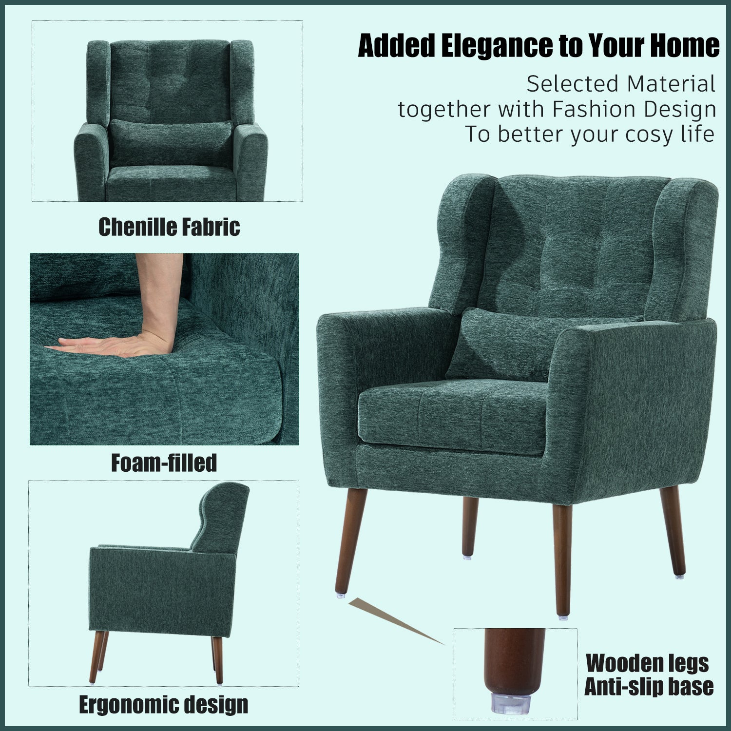 Modern Accent Chair,Chenille Arm Chairs for Living Room,Upholstered Mordern Armchair,Comfy Soft Padded Lounge Chair in Small Space, Bedroom, w/Pillow, Solid Wood Leg (Blackish Green) image 4