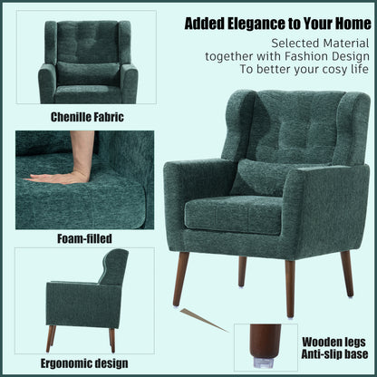 Modern Accent Chair,Chenille Arm Chairs for Living Room,Upholstered Mordern Armchair,Comfy Soft Padded Lounge Chair in Small Space, Bedroom, w/Pillow, Solid Wood Leg (Blackish Green) image 4