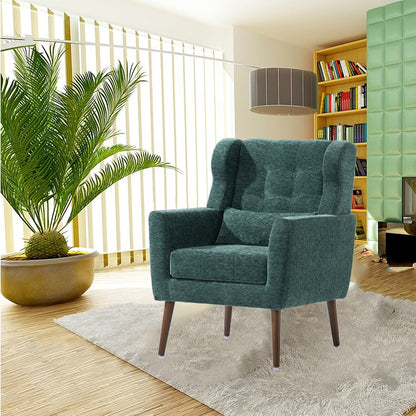Modern Accent Chair,Chenille Arm Chairs for Living Room,Upholstered Mordern Armchair,Comfy Soft Padded Lounge Chair in Small Space, Bedroom, w/Pillow, Solid Wood Leg (Blackish Green) image 3