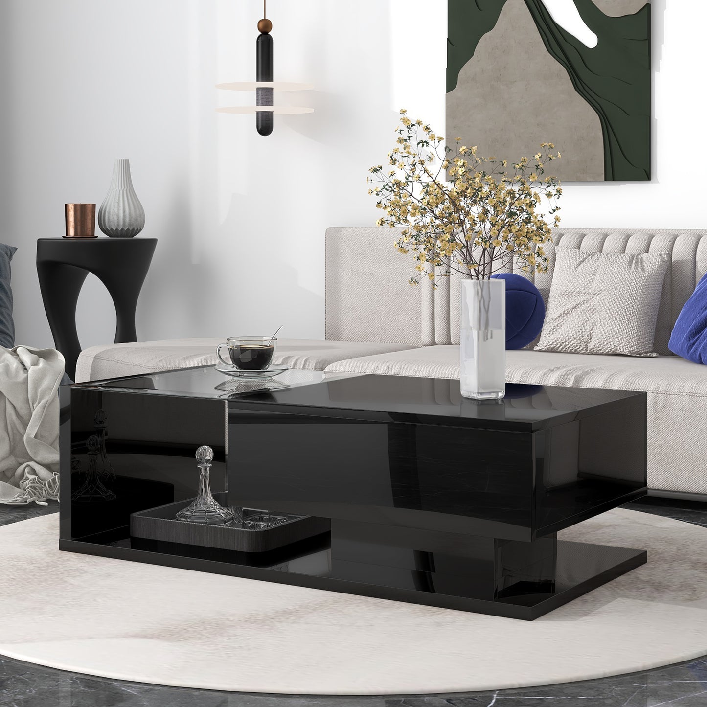 [VIDEO provided] ON-TREND Modern Coffee Table with Tempered Glass, Wooden Cocktail Table with High-gloss UV Surface, Modernist 2-Tier Rectangle Center Table for Living Room, Black image 2