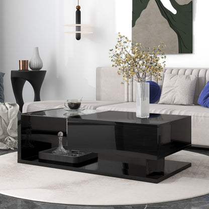 [VIDEO provided] ON-TREND Modern Coffee Table with Tempered Glass, Wooden Cocktail Table with High-gloss UV Surface, Modernist 2-Tier Rectangle Center Table for Living Room, Black image 2