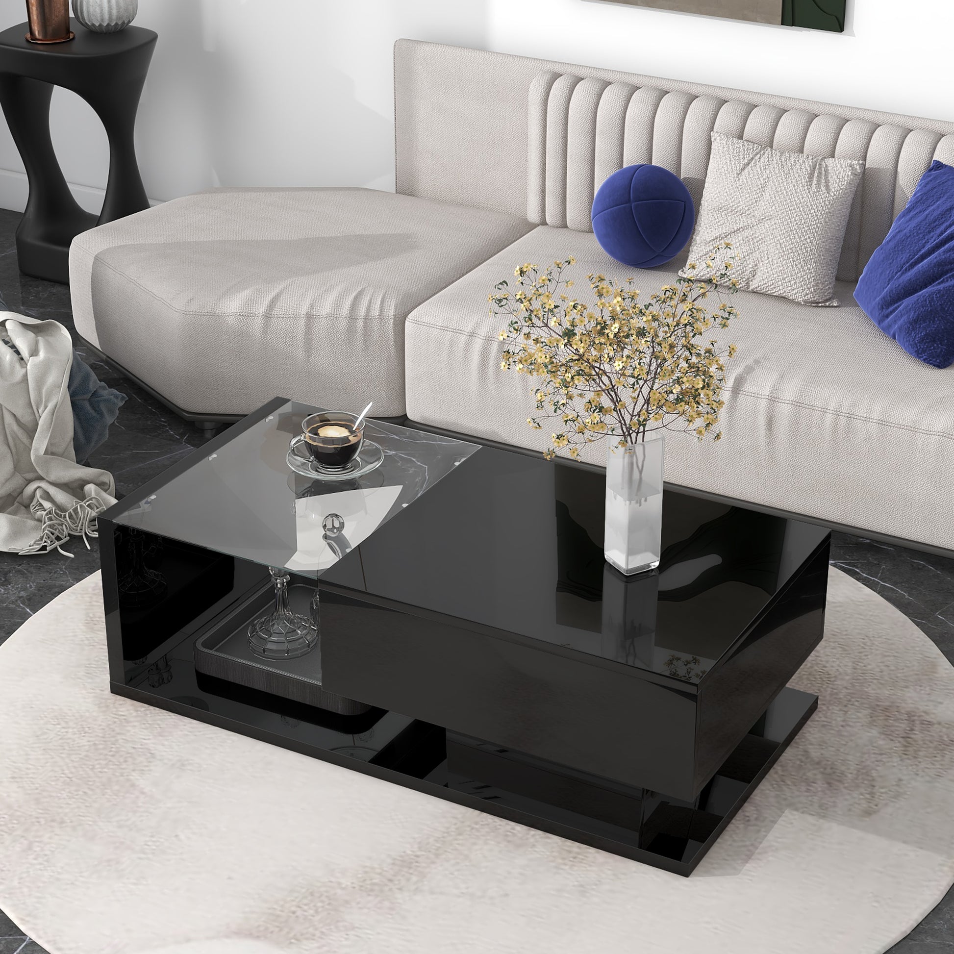 [VIDEO provided] ON-TREND Modern Coffee Table with Tempered Glass, Wooden Cocktail Table with High-gloss UV Surface, Modernist 2-Tier Rectangle Center Table for Living Room, Black image 1