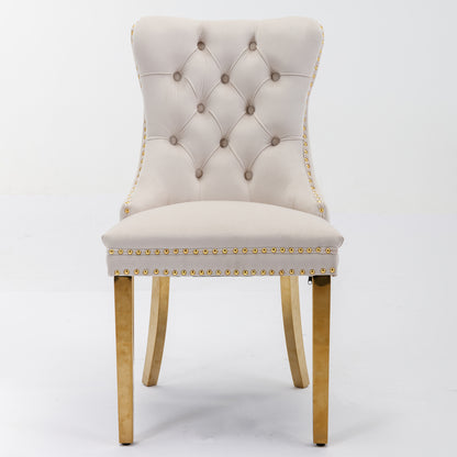 A&A Furniture,Nikki Collection Modern, High-end Tufted Solid Wood Contemporary Velvet Upholstered Dining Chair with Golden Stainless Steel Plating Legs,Nailhead Trim,Set of 2,Beige and Gold, SW1601BG image 2